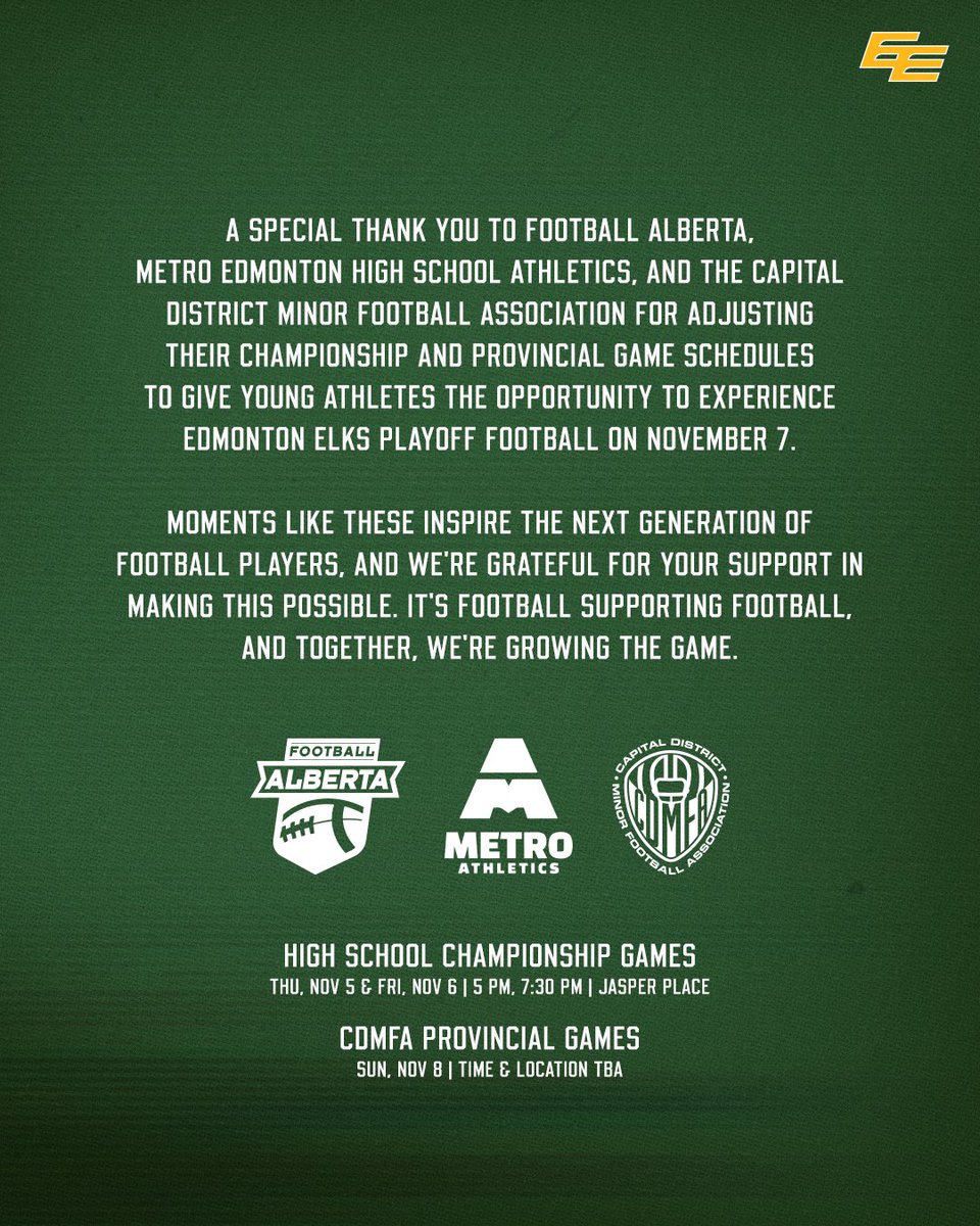 GoElks's tweet photo. Football supporting football 🏈

Shoutout to Metro Edmonton High School Athletics and the Capital District Minor Football Association for working together to make sure local athletes could take in the Western Final.

Go out and support the next generation on Nov. 5 &amp; 6!

#GoElks https://t.co/wN0mwW3L2P