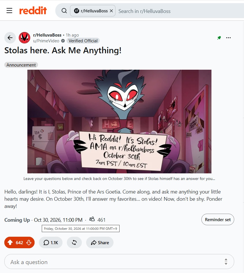 musuii's tweet photo. Reddit掲示板でのAmazon Prime Video公式による、ヘルヴァボスの「ストラスだけど何か質問ある？」スレだそう
日本時間10月30日(金)23時にはストラスが質問に動画で回答する予定みたい
https://t.co/2J4N4CoVvx
続 (1/2) https://t.co/jxV8TxFdfs