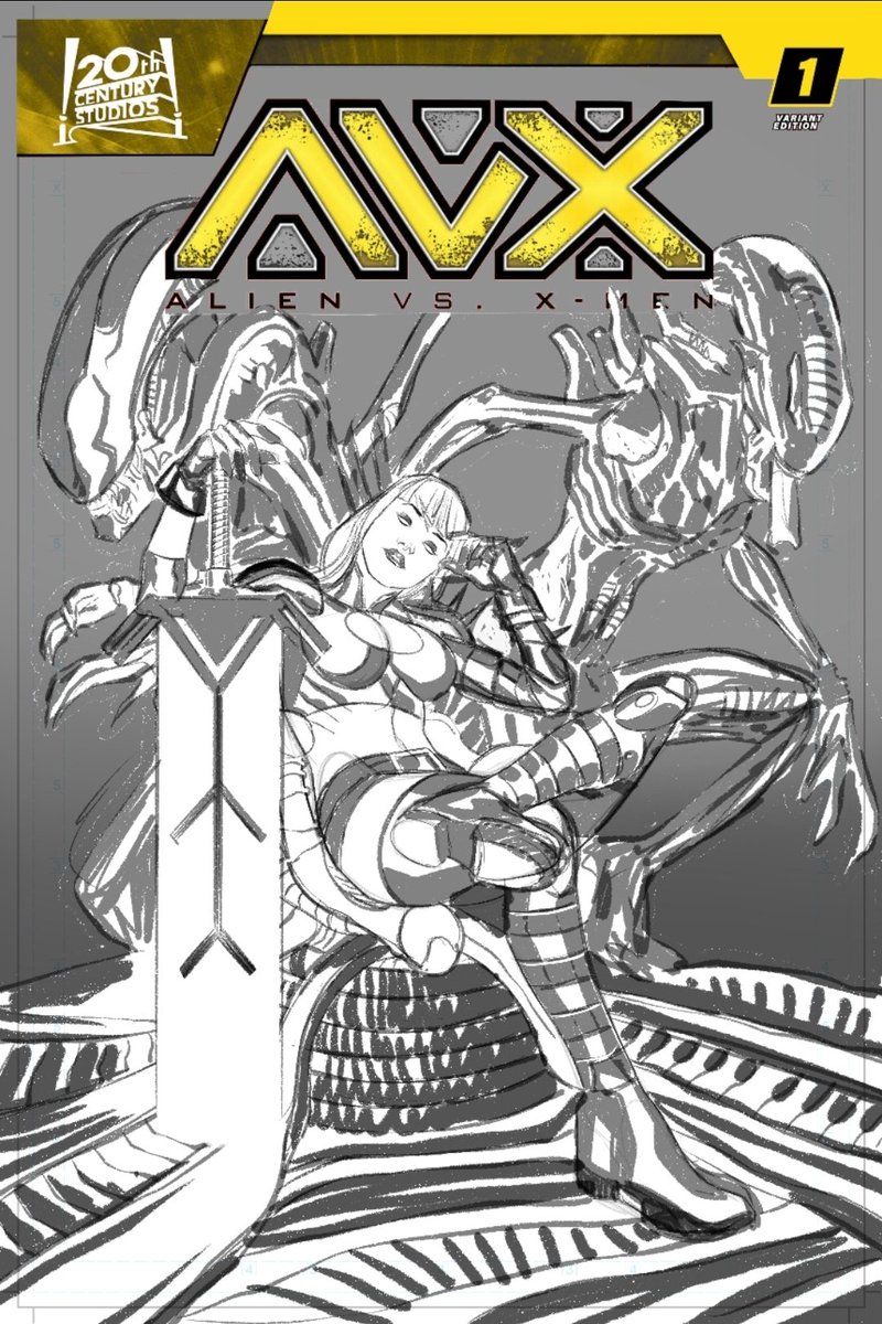 Da_Mess's tweet photo. Unused layout for the variant cover of the second issue of *Alien vs. X-Men* (though it could still become a high-quality commissioned cover) https://t.co/4wNxeNVdZa