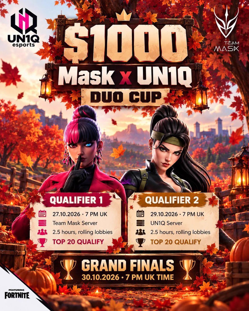 TeamMaskZB's tweet photo. 🏆 $1000 Mask x UN1Q Duo Qualifiers 1
📅Date: 27th October, 2026
⏲️Time: 7 PM UK
❤️‍🔥Everything is setup; over 250 duos have signed up. Will you be among the Top 20 who qualify for the Grand Finals, competing for over $1000? 😏
Sign-ups are still open. Join the server below! 👇 https://t.co/ghvMC4oQWM