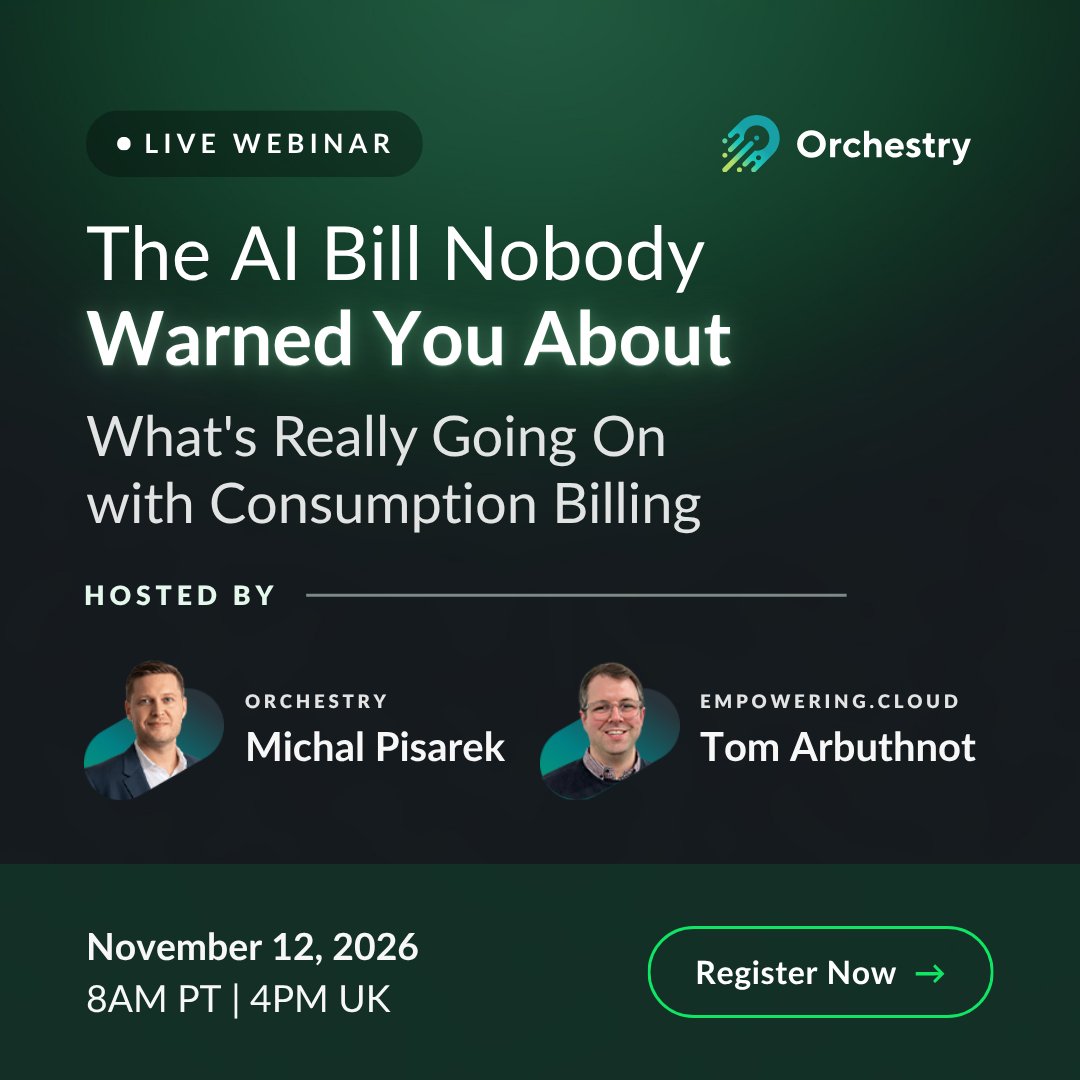 OrchestrySoft's tweet photo. 🤯 Your $30 Copilot license could be the cheapest part of your AI bill.

Microsoft, Anthropic, and OpenAI are moving more AI capabilities to consumption-based billing. Every prompt, agent run, and retry can add to the bill.

Poor data governance can mean wasted tokens, unnecessary AI usage, and higher bills. One unmanaged agent can turn into a six-figure bill.

Join Orchestry CEO Michal Pisarek and Tom Arbuthnot, Co-Founder and CTO of https://t.co/ZOG3rz1e8v, to find out:
✅ Why your Copilot license is just the starting cost
✅ What's new, what's already retired, and how AI billing is changing
✅ How consumption-based billing works across Copilot, Cowork, and AI agents
✅ Where unexpected costs and token waste come from
✅ How to govern AI costs without slowing adoption

Register now: https://t.co/pSe57nbF4k