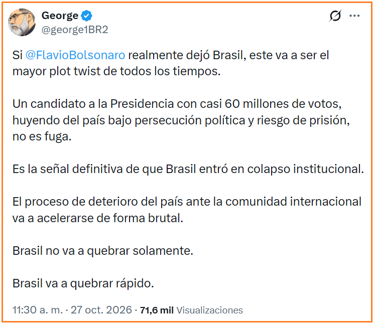 sergiou01329861's tweet photo. "Un candidato a la Presidencia con casi 60 millones de votos, huyendo del país bajo persecución política y riesgo de prisión, no es fuga.
Es la señal definitiva de que Brasil entró en un colapso institucional". https://t.co/NTLZxGtHjM