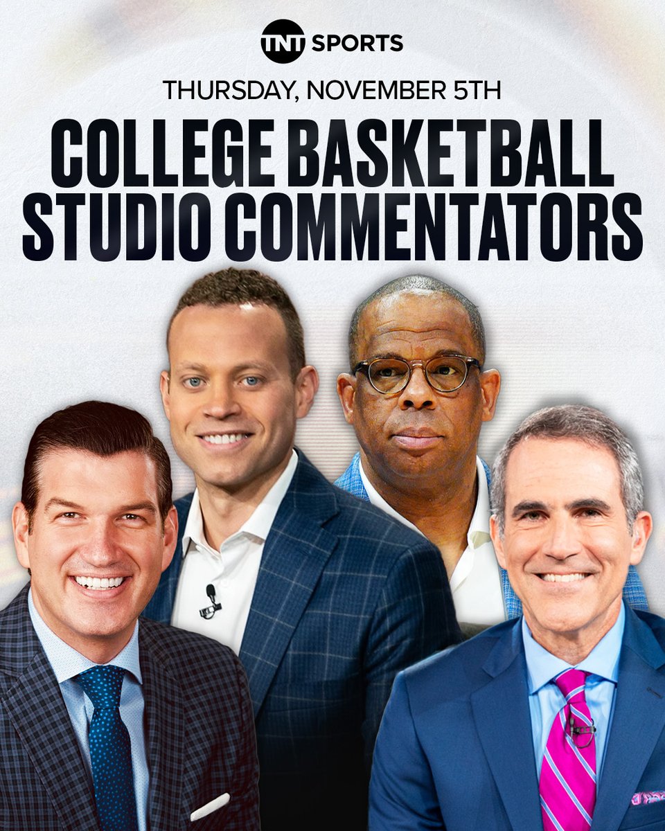 TNTSportsPR's tweet photo. 🏀Three games. Two conferences. One big Thursday night of college hoops on Nov. 5!

The BIG EAST & Big 12 take center stage on TNT Sports, with a tripleheader on truTV & HBO Max.

📍 6:30 PM ET | @LIUAthletics at @SetonHallMBB
 🎙️@SperoDedes, Jim Spanarkel & @JaredSGreenberg

📍 8:30 PM ET | @USFMBB at @DePaulHoops
 🎙️@JB_Long, @GregAnthony50 & @ALaForce 

📍 10:30 PM ET | @CalPolyMBB at @ArizonaMBB
 🎙️@BrandonGaudin, Ronny Thompson & @TheAndyKatz

🎤 IN THE STUDIO
@TimDoyle00, @DalenCuff, @SethDavisHoops and a NEW addition to the TNT Sports team...

👏 Hubert Davis makes his TNT Sports studio debut, bringing his experience as a former @UNC_Basketball head coach and 12-year NBA veteran to the desk!

📺 Coverage begins at 6 PM ET on truTV & HBO Max