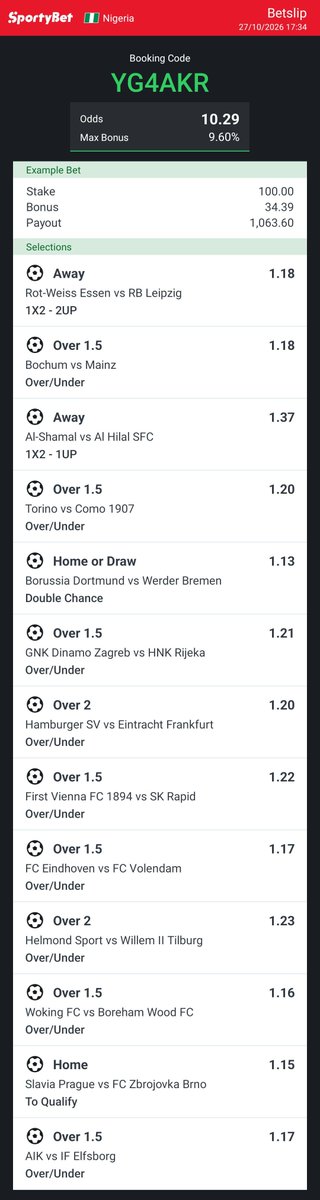 ExclusiveBuchi's tweet photo. 10 ODDS 
Sporty code:  YG4AKR

All today 
Good luck 👍 https://t.co/sQLkTG0ZFS