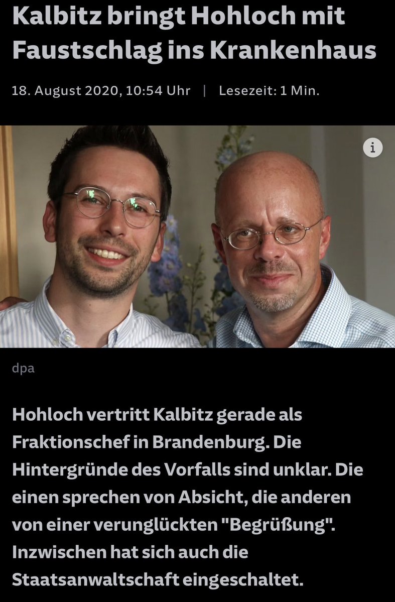 Regenbogenpfert's tweet photo. 2020 soll Andreas Kalbitz seinen AfD-Parteifreund Dennis Hohloch mit einem Faustschlag ins Krankenhaus befördert haben.

Die Erklärung damals: eine „verunglückte Begrüßung“.

Ich möchte wirklich nicht wissen, wie dort eine herzliche Umarmung aussieht. https://t.co/Z7D5eEWk6B