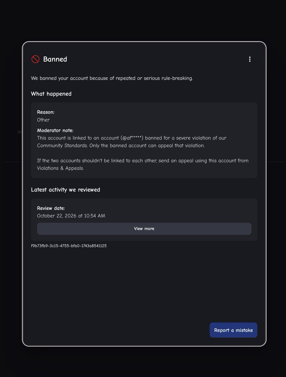 BFRCinos's tweet photo. Day 5 and my account (imsochud1234) is still banned. Starting to lose hope. Appeals constantly get rejected and I can't even participate in #thehollow event without AI moderation breathing down my neck.

#roblox #robloxban #robloxappeal

Ban ID: 3L3RjAW3F9geSxyQGL0CSVJ6Fy5 https://t.co/kMI9TflYZY