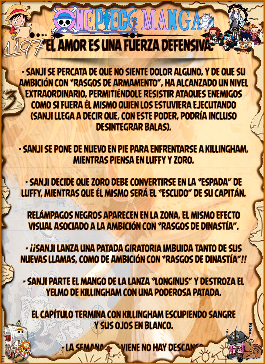 GSPLeaks's tweet photo. ¡BREVE RESUMEN [#SPOILERS] DEL CAPÍTULO 1197 DEL #MANGA DE #ONEPIECE!

- ONE PIECE CAPÍTULO 1197:「EL AMOR ES UNA FUERZA DEFENSIVA」

#ONEPIECE1197 #OP1197 #ONEPIECE1197SPOILERS #SANJI #HAKI #ELBAPH #KILLINGHAM #manga #IVANKOV https://t.co/HsZamGcD3E