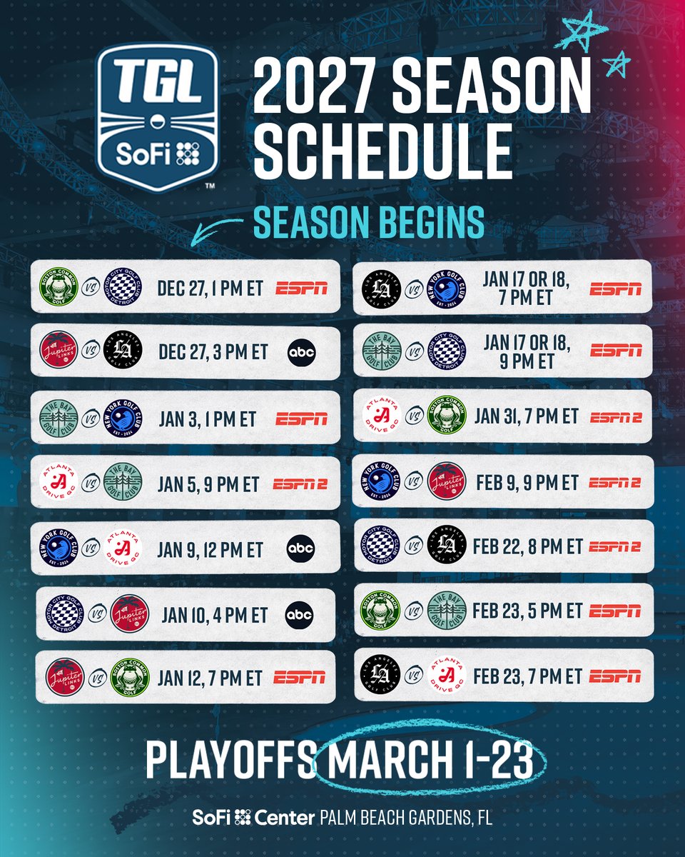 TGL's tweet photo. Our 2027 season schedule is here.

Mark your calendars 🗓 https://t.co/cvB0SfQpQY
