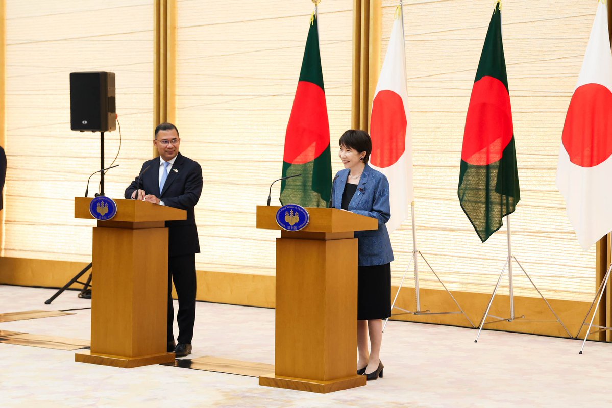 trahmanbnp's tweet photo. My historic visit to Japan marks an important step forward in strengthening the longstanding friendship and strategic partnership between Bangladesh and Japan.

Bangladesh and Japan share a longstanding friendship built on mutual respect and trust. My father, Shaheed President Ziaur Rahman, helped lay the foundations of this relationship. My late mother, Prime Minister Begum Khaleda Zia, built on that foundation and further strengthened our ties through her visits and engagement with Japan.

Today, I had a highly productive summit meeting with Prime Minister @takaichi_sanae, where we reaffirmed our shared commitment to democracy, the rule of law, economic development, and a peaceful, stable and prosperous Indo-Pacific.

Our discussions focused on translating this partnership into tangible opportunities for the people of Bangladesh.

We explored emergency financial assistance of JPY 50 billion (approximately USD 320 million) under Japan’s Partnership for Power Asia initiative to strengthen Bangladesh’s energy security.

We also held encouraging discussions on the potential for up to JPY 1 trillion (approximately USD 6.3 billion) in Japanese private-sector investment over the next five years, with the prospect of creating around 200,000 jobs in Bangladesh. These investments could accelerate industrialisation, expand manufacturing capacity, and create new opportunities for our young workforce.

I proposed establishing a Bangladesh–Japan Tech Park to advance cooperation in artificial intelligence, cloud computing, robotics, electronics manufacturing, and advanced technologies. We also discussed cooperation in space science and satellite engineering, alongside Japanese technical and financial support for high-speed rail connectivity linking six major divisional cities and the development of modern transport infrastructure.

A significant outcome of our summit was our shared commitment to advance the Bay of Bengal Industrial Growth Belt (BIG-B) initiative into a new framework for shared prosperity. This renewed cooperation will focus on integrated development of energy, deep-sea ports, industrial infrastructure, technology, and regional connectivity, strengthening Bangladesh’s position as a bridge between South and Southeast Asia.

We also discussed the early implementation of the Bangladesh–Japan Economic Partnership Agreement, stronger institutional cooperation, and the proposed establishment of a ministerial-level joint commission to translate our shared priorities into concrete results.

I expressed Bangladesh’s appreciation for Japan’s continued humanitarian assistance to the Rohingya population and called for its sustained engagement in securing their voluntary, safe, dignified and sustainable return to Myanmar.

Japan was among the first countries to recognise Bangladesh’s independence and has remained a trusted development partner throughout our journey. I conveyed the sincere gratitude of the people of Bangladesh for Japan’s friendship, generosity, and longstanding support.

As Bangladesh moves forward following democratic elections, my government is determined to build an economy driven by investment, innovation, infrastructure development, and meaningful employment opportunities.

On behalf of the people and the Government of Bangladesh, I thank Prime Minister Sanae Takaichi, the Government of Japan, and the Japanese people for their warm hospitality and continued confidence in Bangladesh.

Let's deepen the multifaceted ties between Bangladesh and Japan for a stronger, much better, and more prosperous future together.