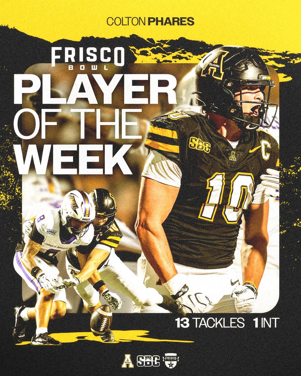 FriscoBowlGame's tweet photo. We’re proud to announce App State’s Colton Phares as our Week 8 Defensive Player of the Week! Phares recorded 13 tackles and an INT, returning the pick 21 yards to set up the Mountaineers’ go-ahead TD in a 34-31 OT win over previously unbeaten JMU.

#FriscoBowl | #GoApp https://t.co/iwEUVhkAkw