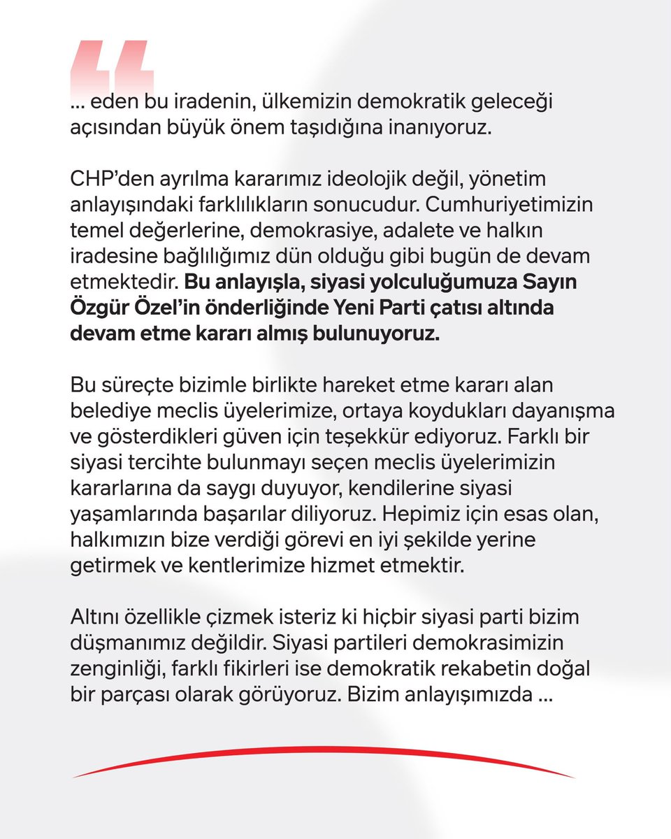 kemal_cebi34's tweet photo. …Cumhuriyetimizin temel değerlerine, demokrasiye, adalete ve halkın iradesine bağlılığımız dün olduğu gibi bugün de devam etmektedir. Bu anlayışla, siyasi yolculuğumuza Sayın Özgür Özel’in önderliğinde Yeni Parti çatısı altında devam etme kararı almış bulunuyoruz…

Kemal ÇEBİ 
Küçükçekmece Belediye Başkanı 

Ayşegül OVALIOĞLU
Bakırköy Belediye Başkanı

Erhan GÜZEL
Çatalca Belediye Başkanı

Hakan ÇEBİ
Büyükçekmece Belediye Başkanı V.