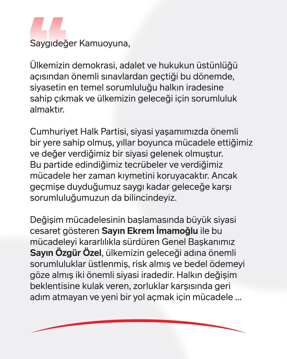 kemal_cebi34's tweet photo. …Cumhuriyetimizin temel değerlerine, demokrasiye, adalete ve halkın iradesine bağlılığımız dün olduğu gibi bugün de devam etmektedir. Bu anlayışla, siyasi yolculuğumuza Sayın Özgür Özel’in önderliğinde Yeni Parti çatısı altında devam etme kararı almış bulunuyoruz…

Kemal ÇEBİ 
Küçükçekmece Belediye Başkanı 

Ayşegül OVALIOĞLU
Bakırköy Belediye Başkanı

Erhan GÜZEL
Çatalca Belediye Başkanı

Hakan ÇEBİ
Büyükçekmece Belediye Başkanı V.