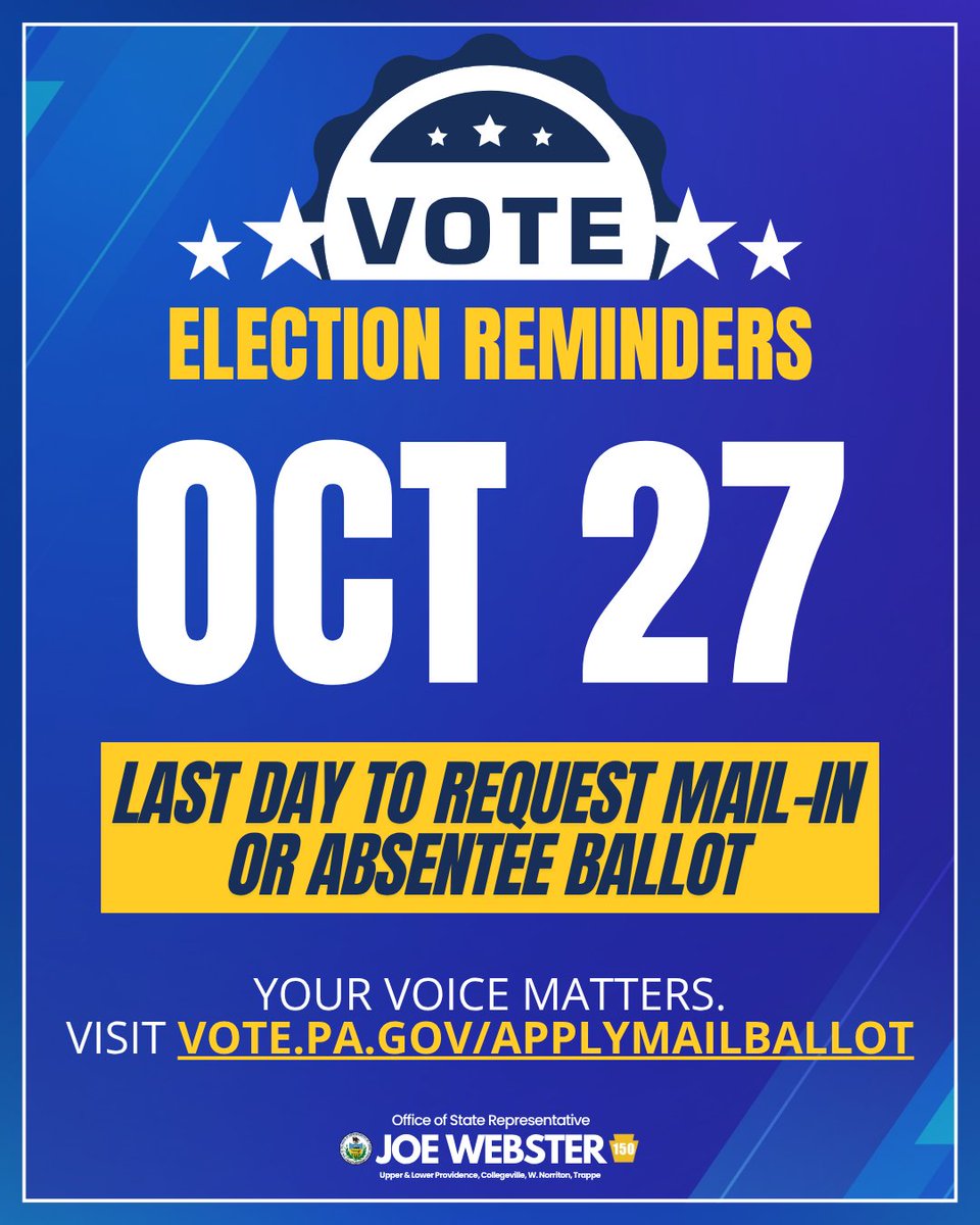 RepJoeWebster's tweet photo. Friends, today is the last day to apply for an absentee or mail-in ballot for the upcoming General Election next Tuesday, Nov. 3, 2026. Don’t miss the chance to make your voice heard.

More information can be found here: https://t.co/Aq7bIlEu0A https://t.co/0A7m1MAgYG