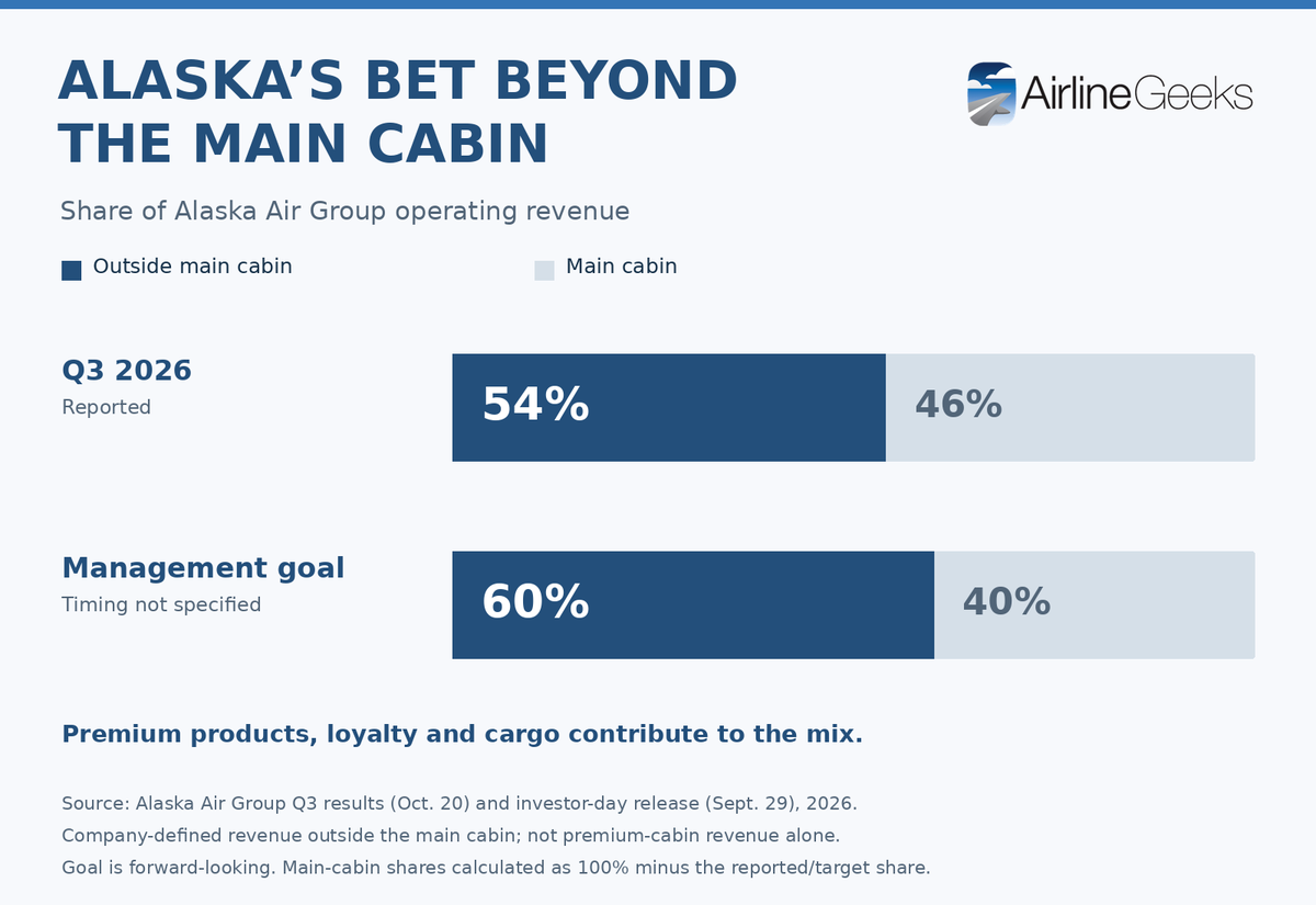 FlyingHighRyan's tweet photo. .@AlaskaAir's global expansion is a bet that selling more economy seats won’t be enough.

Revenue outside the main cabin now makes up 54% of Air Group’s total. Management wants 60%.

The new routes, premium cabins, and loyalty products are parts of the same plan. https://t.co/BkQB8q0y9U