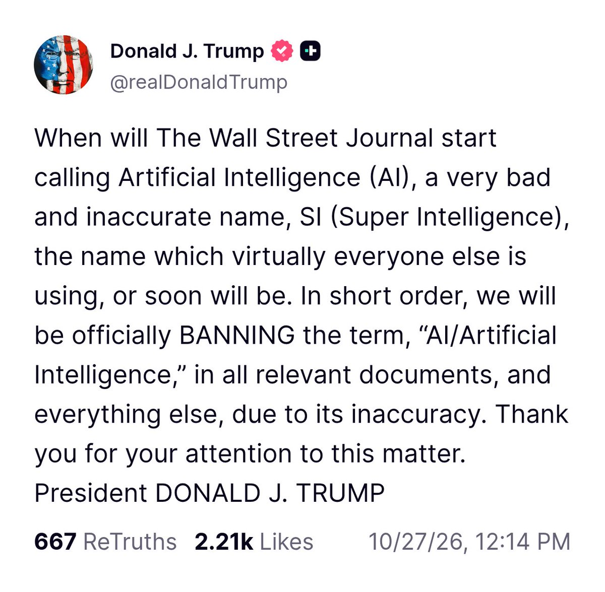 Polymarket's tweet photo. JUST IN: Trump announces plans to officially ban the term "Artificial Intelligence" from government documents. https://t.co/o6q6kU8UEb
