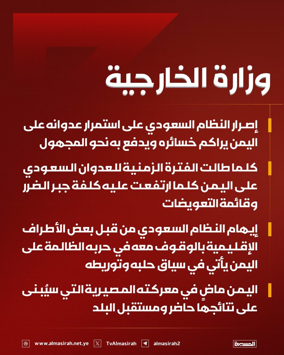 Nasr__Amer's tweet photo. وزارة الخارجية:

- إصرار النظام السعودي على استمرار عدوانه على اليمن يراكم خسائره ويدفع به نحو المجهول

- كلما طالت الفترة الزمنية للعدوان السعودي على اليمن كلما ارتفعت عليه كلفة جبر الضرر وقائمة التعويضات

- إيهام النظام السعودي من قبل بعض الأطراف الإقليمية بالوقوف معه في حربه الظالمة على اليمن يأتي في سياق حلبه وتوريطه

- اليمن ماضٍ في معركته المصيرية التي سيُبنى على نتائجها حاضر ومستقبل البلد