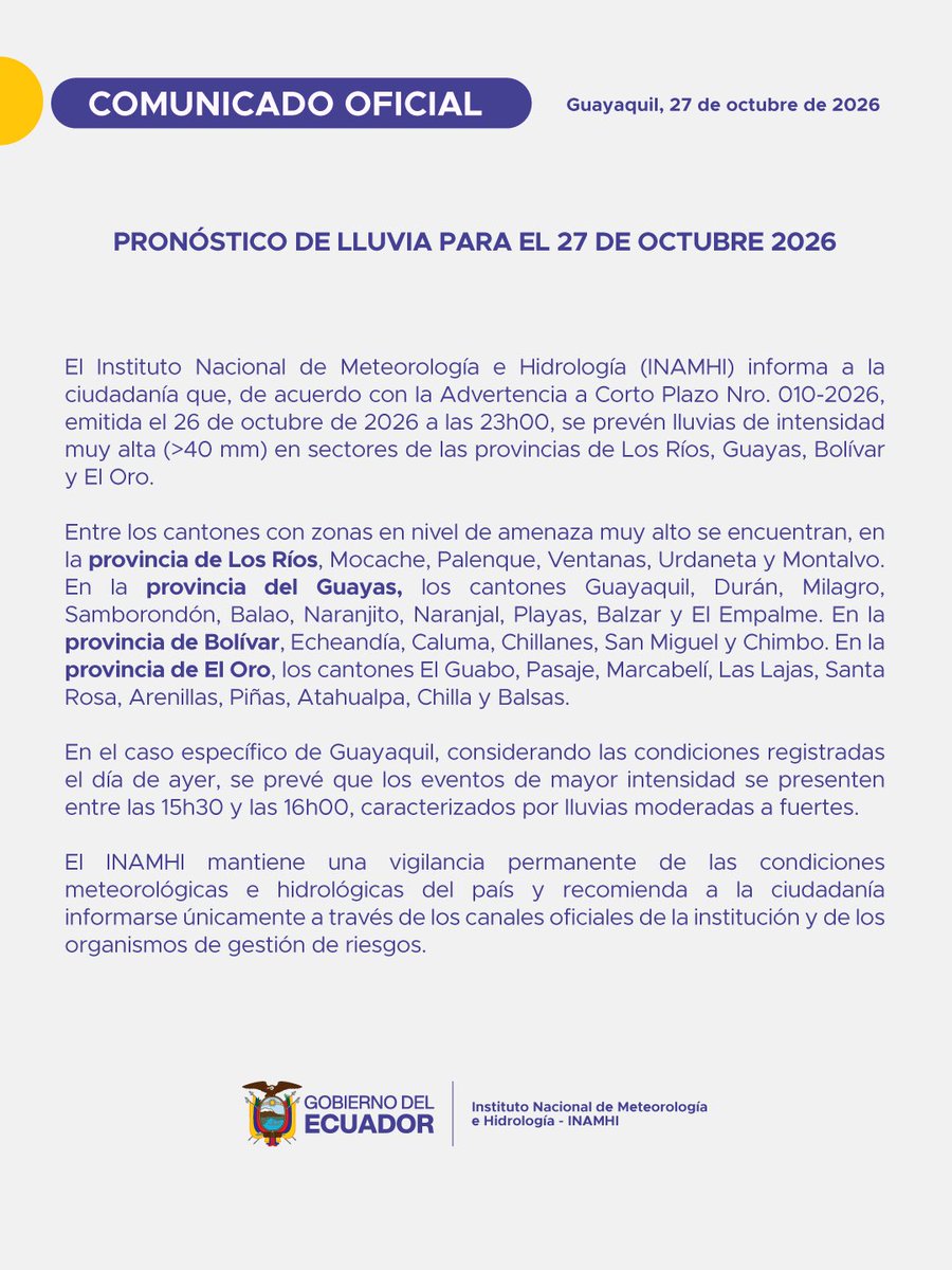 inamhi_ec's tweet photo. 🟣 Comunicado | A la ciudadanía: https://t.co/HYVWJeCAst