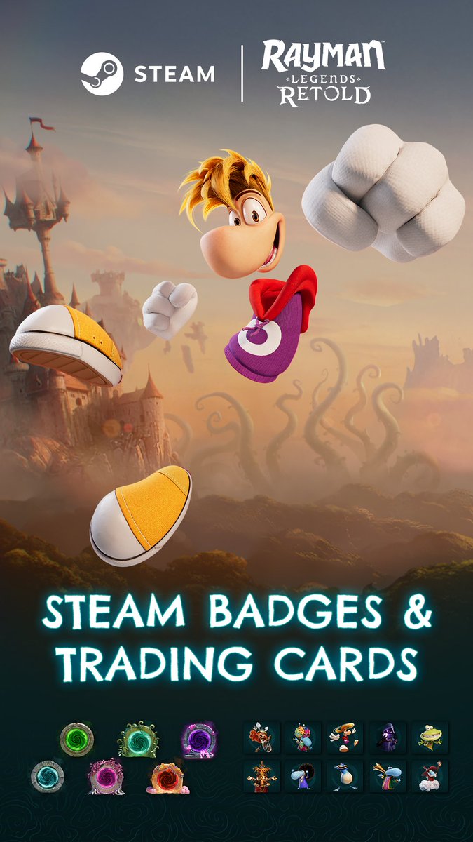RaymanGame's tweet photo. Steam trading cards, badges, emoticons and background profiles are coming to Rayman Legends Retold on December 3!

Read more in our Steam blog
👉 https://t.co/yeqqoZjMNY https://t.co/ekMc0e7xb0