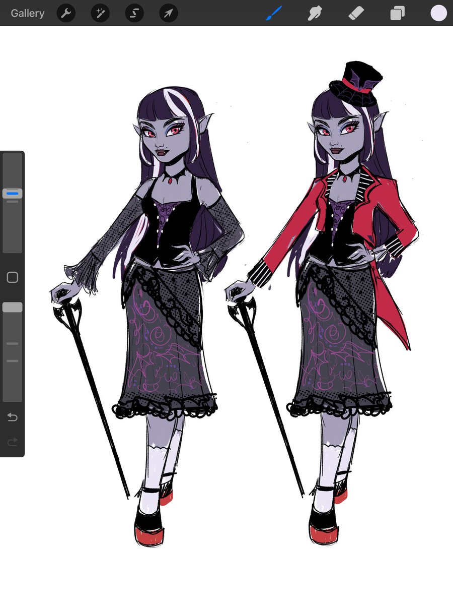 plasticpvnk's tweet photo. How I would’ve done this diva…

She comes in her core outfit, BUT she comes with an extra hat and jacket so she can be core outfit and ringmaster in one doll.

I differentiated her from Drac by making her silhouette flared, changing her skin tone and adding red to her palette https://t.co/SEqkIauEc0