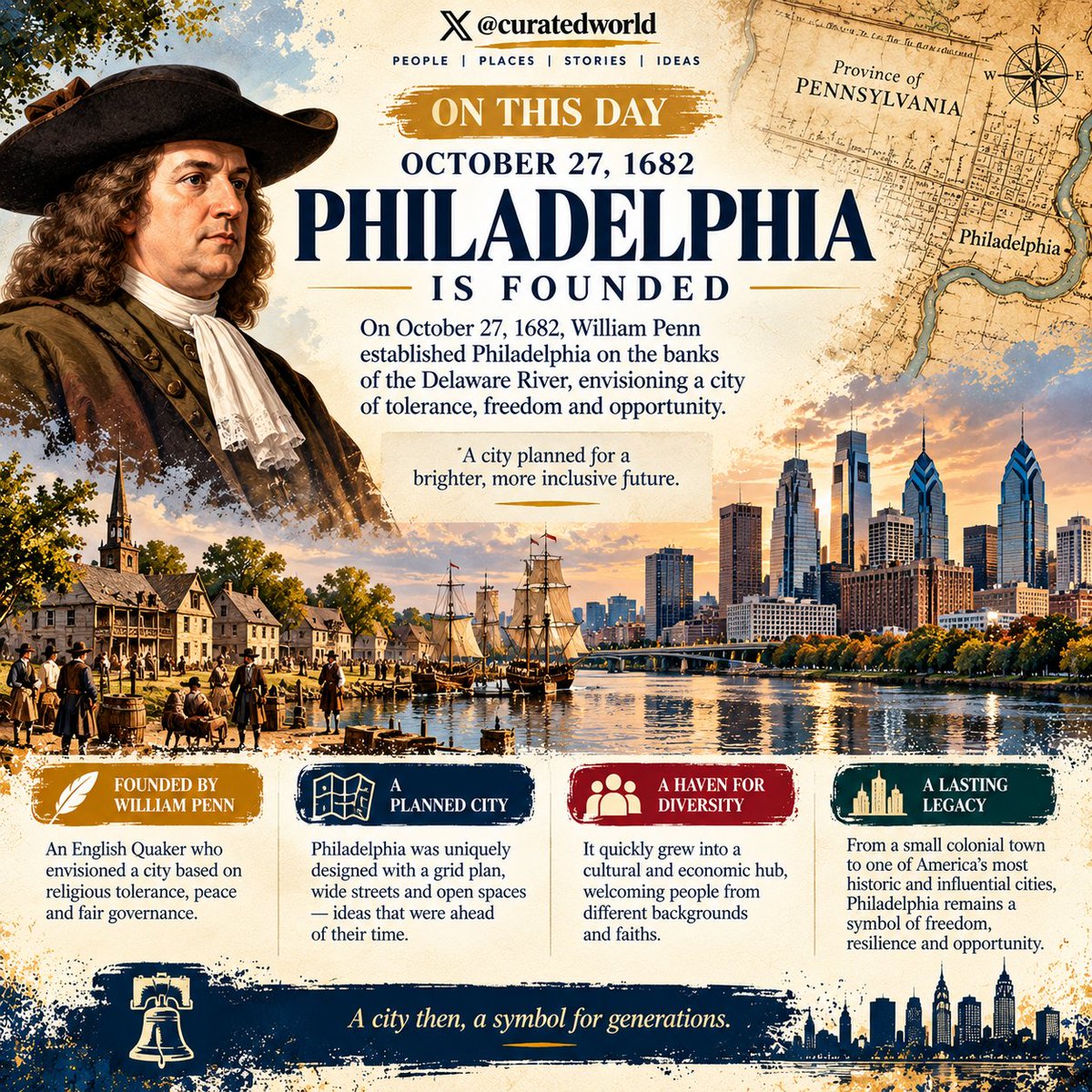 Curated_World's tweet photo. 🏛️ On This Day in 1682, Philadelphia was founded by William Penn.

Envisioned as a city of religious tolerance and freedom, Philadelphia grew into one of America’s most historically significant cities.

#philadephia #philly https://t.co/NRsjNokIrA