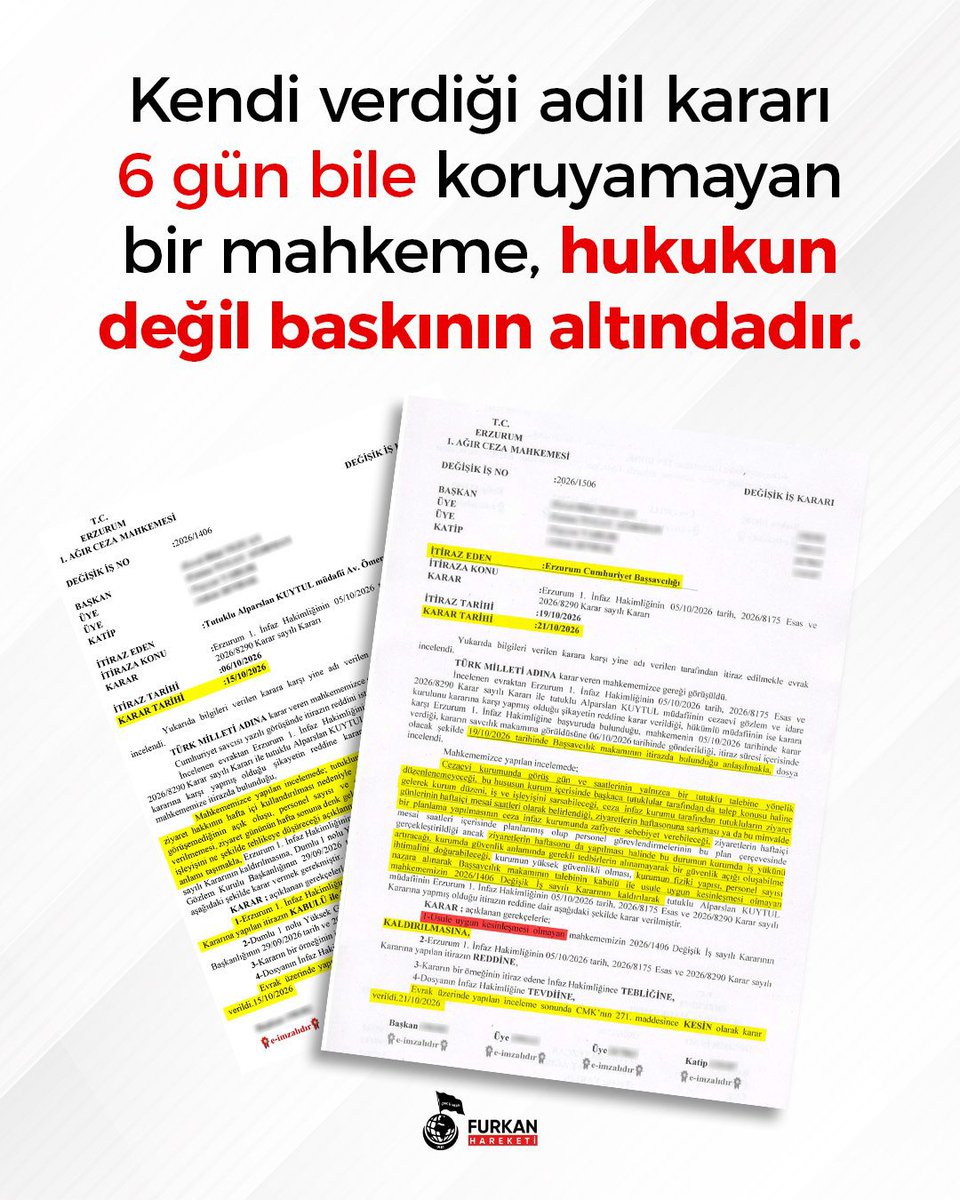 Gantepfurkan2's tweet photo. Kendi verdiği adil kararı 6 gün bile koruyamayan bir mahkeme, hukukun değil baskının altındadır.

Mahkemeye Baskı
AkpDönemi ZulümDönemi
AlparslanHocanın CocuklarınaZulüm https://t.co/XynIKKNdbv