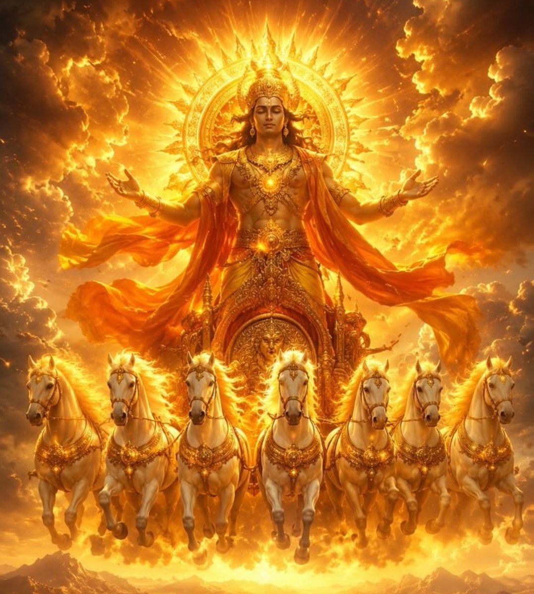 hathyogi31's tweet photo. Most of the Hindus have forgotten the significance of the Vedic god. So I am starting a series on them from today. 

Let's Start with the SURYA DEV

According to the Mahanarayana Upanishad 1.2.1-

The Universe arose through Vishvakarma, the Divine Architect and cosmic creator, manifesting through water, earth, fire and the other primordial elements. He excelled Aditya, Indra, and other gods.

The RISING SUN, identified as Tvashta, appears each morning as a radiant embodiment of His brilliance. 

In the beginning of creation the mortal world enveloped in gloom received its divine brilliance from the sun shining in the glory of the Paramatman.

The same Upanishad also highlights that Sun-God who is the son of Parabrahman, who shines for the benefit of gods, who is invoked as the beneficent leader of the gods, and was born as the eldest among the gods.

According to Rig Veda 1.115.1-

The Sun has filled the Heaven and the Earth and the middle space, and regarded as the  atma of all movable and non movable. 

According to Sri Arvido -

Surya is both the highest Light and the highest Truth. The physical Sun that we see is a visible expression of that Divine Light.

For the Vedic Rishis, there is ultimately one UNIVERSAL DEV, while the many divine names represent different forms and aspects of that same Reality.

According to Shrimad Bhagvattam 5.20.44 -

मृतेऽण्ड एष एतस्मिन् यदभूत्ततो मार्तण्ड इति व्यपदेशः ।
हिरण्यगर्भ इति यद्धिरण्याण्डसमुद्भवः ॥

The sun-god is also known as VAIRAJA, the total material body for all living entities. Because he entered this dull egg of the universe at the time of creation, he is also called MARTANDA. He is also known as HIRANYAGARBHA because he received his material body from Hiranyagarbha (Brahma)