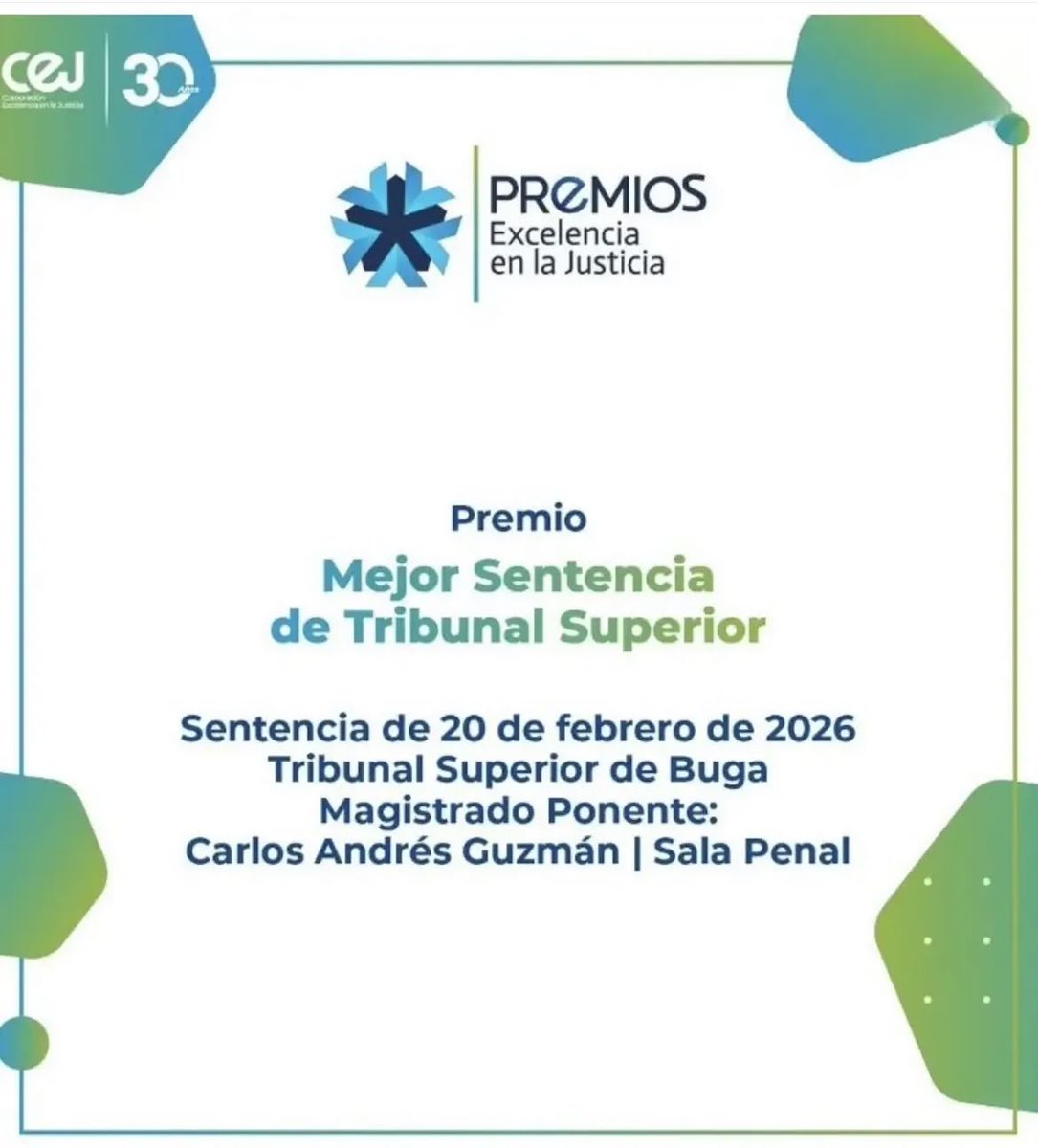 tribunalsupbuga's tweet photo. Felicitamos al doctor Carlos Andrés Guzmán Díaz, magistrado de la Sala Penal, por el reconocimiento otorgado en los Premios Excelencia en la Justicia, en la categoría Mejor Sentencia de Tribunal Superior, a la providencia AC-017-26 del 20 de febrero de 2026.
@CarlosGuzman122 https://t.co/uce5WTVCbU