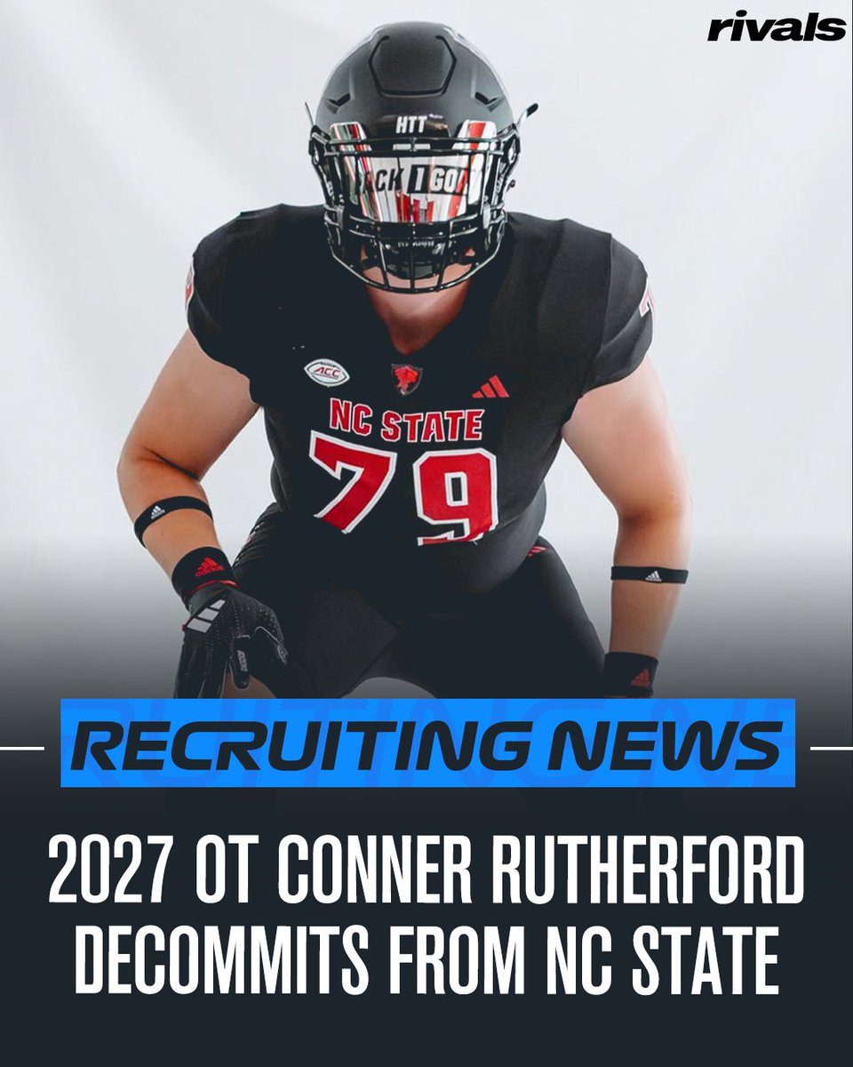 Rivals's tweet photo. 🚨BREAKING🚨 2027 OT Conner Rutherford has decommitted from NC State, @AllenTrieu reports.

Read: https://t.co/hTHZNikTcx https://t.co/sM84qSvIXc
