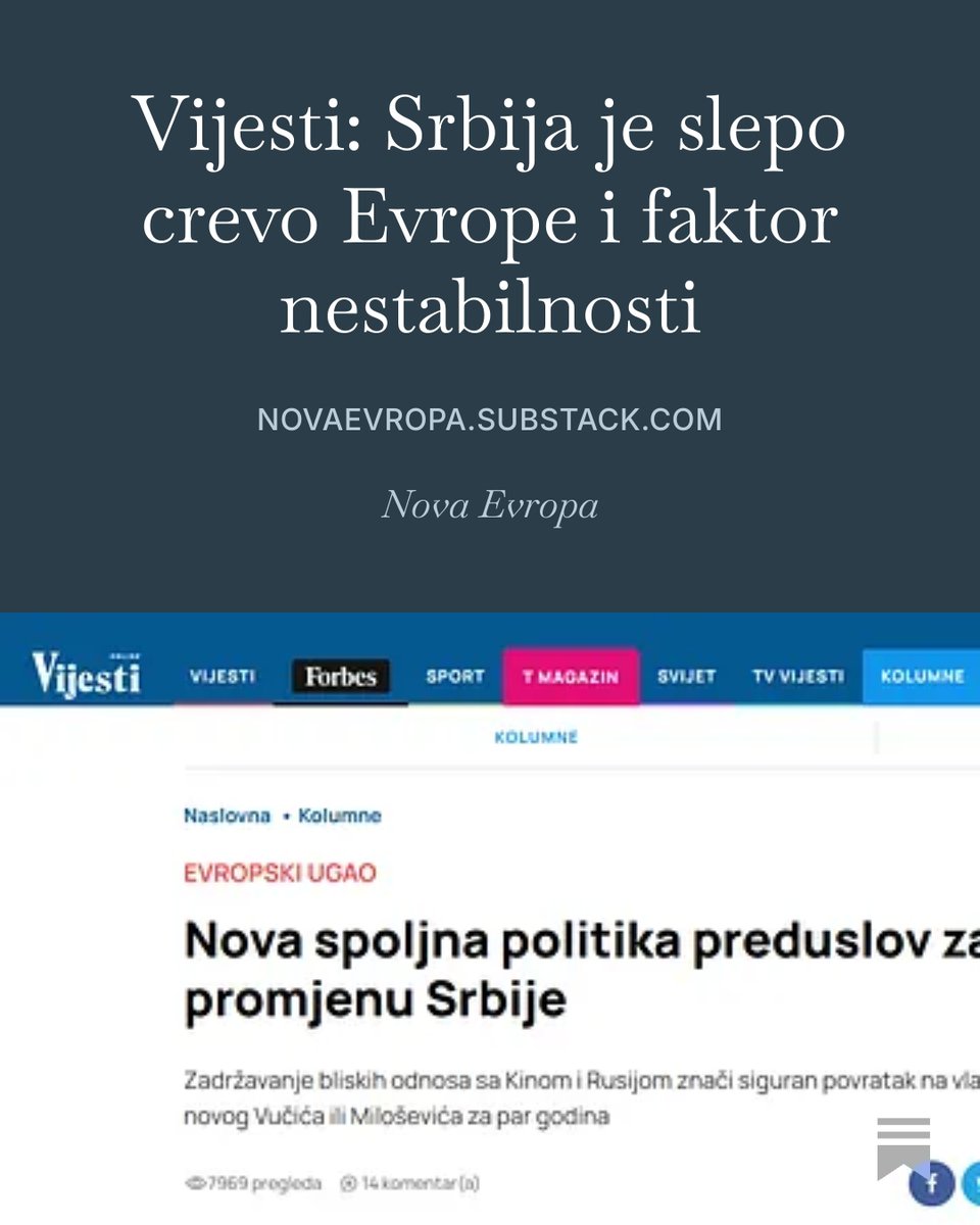 nova_evropa_'s tweet photo. Vijesti: Srbija je slepo crevo Evrope i faktor nestabilnosti. Crnogorski list smatra da Srbija mora da se dokaže prekidanjem svih veza sa Kinom i Rusijom, te da je to jedini način da Srbija postane normalna.
https://t.co/5AGt9I3w3D https://t.co/hcJpoMN2WF