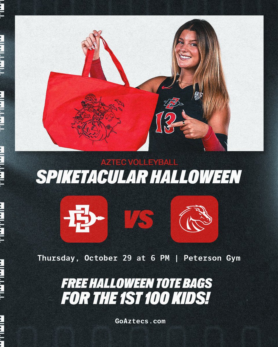 AztecVB's tweet photo. Join us for a Spiketacular Halloween celebration on Thursday against Boise State! There will be FREE Halloween tote bags and pregame trick-or-treating for kids! Costumes are encouraged!  #GoAztecs

🎟️ Tickets: https://t.co/qZcrpvsQji https://t.co/VIqA1FKT7v