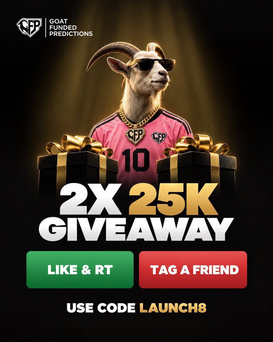 NazGFT's tweet photo. 🚨 2x $25,000 GIVEAWAY!

Giving away TWO $25K Prediction Accounts with @Goatpredicts 👀

How to win:

✅ Follow me
✅ Like &amp; RT
✅ Tag a friend
✅ Sign up 👉 https://t.co/wkOHOEkNfK

Picking 2 winners soon. Good luck 🐐 https://t.co/9lk59MVOeC