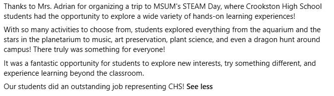 Crookston: Thanks to Mrs. Adrian for organizing a trip to MSUM's STEAM Day, where Crookston High School students had the opportunit