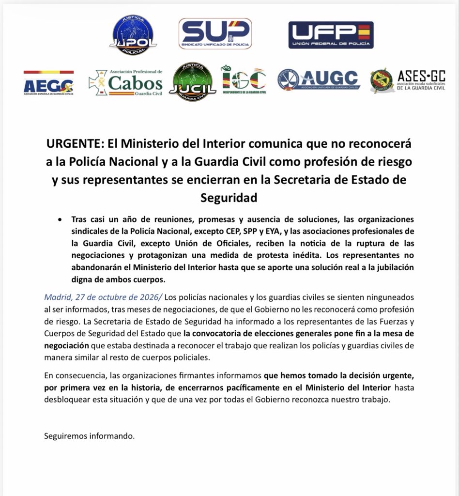 AUGC_Comunica's tweet photo. 🚨 ¡HISTÓRICO! ¡ENCERRADOS EN INTERIOR!
‼️ El Gobierno bloquea la profesión de riesgo y condena a policías y guardias civiles a seguir esperando una jubilación digna.
🔥 ¡BASTA DE PROMESAS, BASTA DE EXCUSAS!
No abandonaremos Interior hasta lograr soluciones reales. ¡Nuestra profesión merece reconocimiento, no desprecio!
#ProfesiónDeRiesgo #JubilaciónDignaYa #EquiparaciónYa