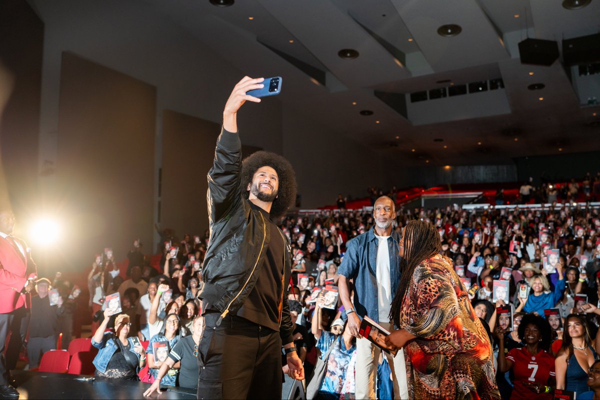 Kaepernick7's tweet photo. A few moments from Dallas. Much love to everyone who came out and joined us for an incredible evening celebrating The Perilous Fight. Your energy and support mean so much!

It was an honor to share the stage with legendary track and field icon, 4-time Olympic gold medalist and 8-time World Champion Michael Johnson (@MJGold). Thank you for leading such a thoughtful conversation and bringing so much to the evening!

The tour continues! Houston, we’ll see you tomorrow!

Get your copy of The Perilous Fight at https://t.co/Yam6DH0BZh.