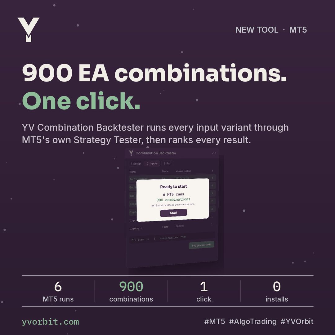 kunalchav777's tweet photo. 900 EA combinations. One click.
YV Combination Backtester runs every input variant through MT5’s own tester and ranks them all.
DM “COMBO” for details.
#MT5 #AlgoTrading #YVOrbit https://t.co/YMgnoecYCR