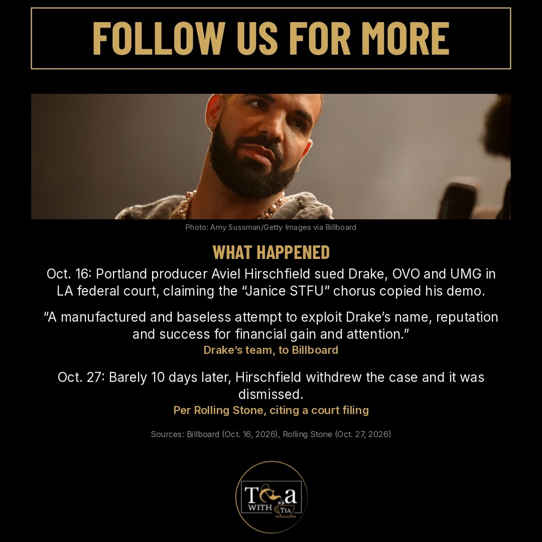 RealTeaWithTia's tweet photo. The #Drake #JaniceSTFU lawsuit is over. The producer who claimed he wrote the chorus withdrew his case barely 10 days after filing it, according to Rolling Stone. It came just days after they sent his lawyer follow up questions. The timeline was already being questioned too. He said he wrote to the beat in January, but another producer on the song told Billboard the beat wasn't made until March. Drake's team called it a "manufactured and baseless attempt" to cash in on his name 👀