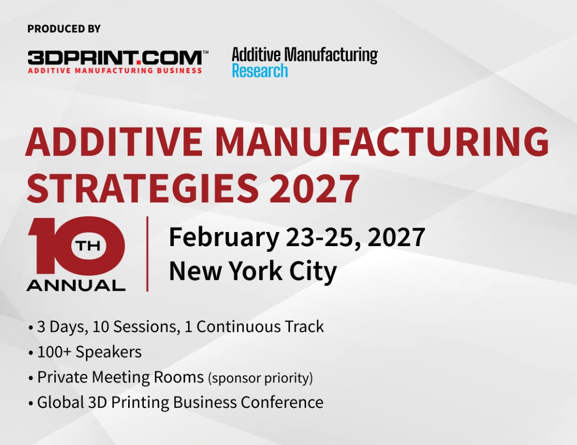 3DPrint_com's tweet photo. Do you plan on joining @3DPrint_com @AMResearch_ for our 10th Additive Manufacturing Strategies in February, but don't have your ticket yet?
Better act fast - the next price increase is this Thursday!
Register by 11:59 PM ET tomorrow, Oct 28, to save $800!
https://t.co/KhzQYLKAOv https://t.co/yedxfuspgC