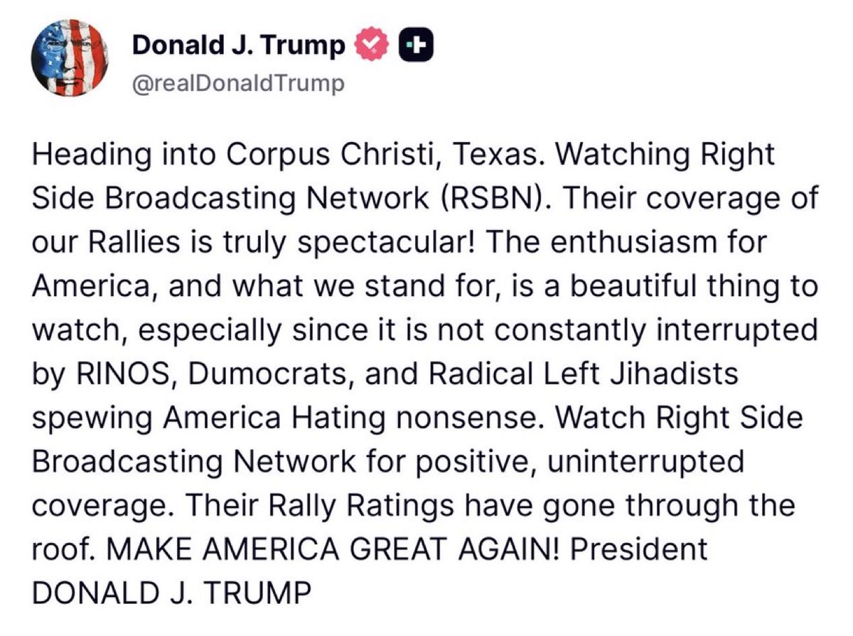 RSBNetwork's tweet photo. President Trump is right! 🇺🇸

RSBN’s ratings are HIGH! Our Trump rally livestreams are generating TENS OF MILLIONS OF VIEWS, and the enthusiasm continues to grow as we head toward Election Day on November 3!

Can we reach 100 MILLION VIEWS by Election Day?! 🚨

Take 10 friends to vote, tell 10 friends to watch RSBN, and let’s make November 3 a day America will never forget!