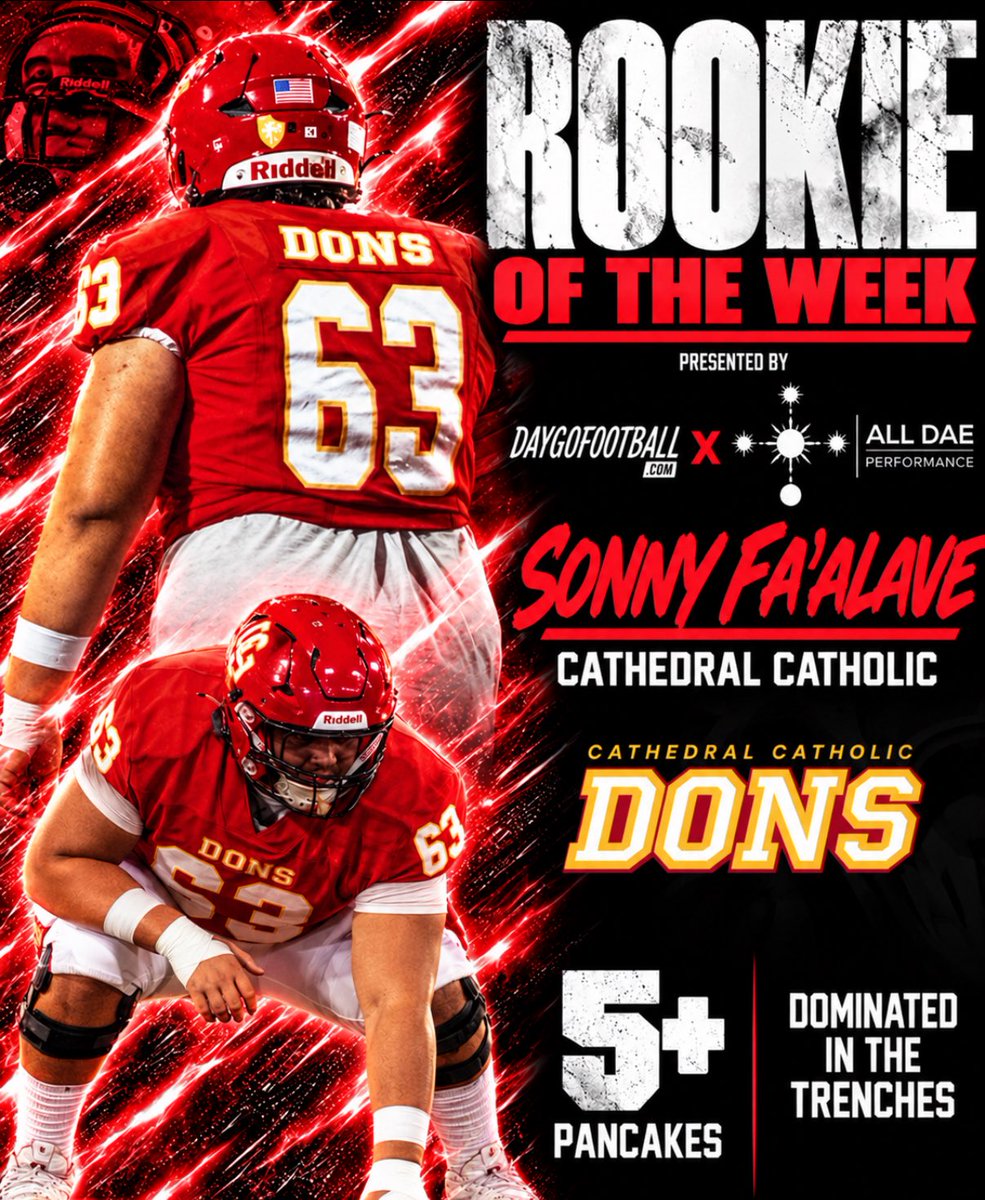 Daygofootball's tweet photo. 🚨 Rookie of the Week 🏈
Presented by Daygofootball and All Dae Performance
At 6’3”, 320 pounds, the FRESHMAN OL is already starting for Cathedral Catholic! 💪🥞 Sonny dominated the trenches against Point Loma, handing out pancakes and making his presence felt! https://t.co/pfJgVY3ast
