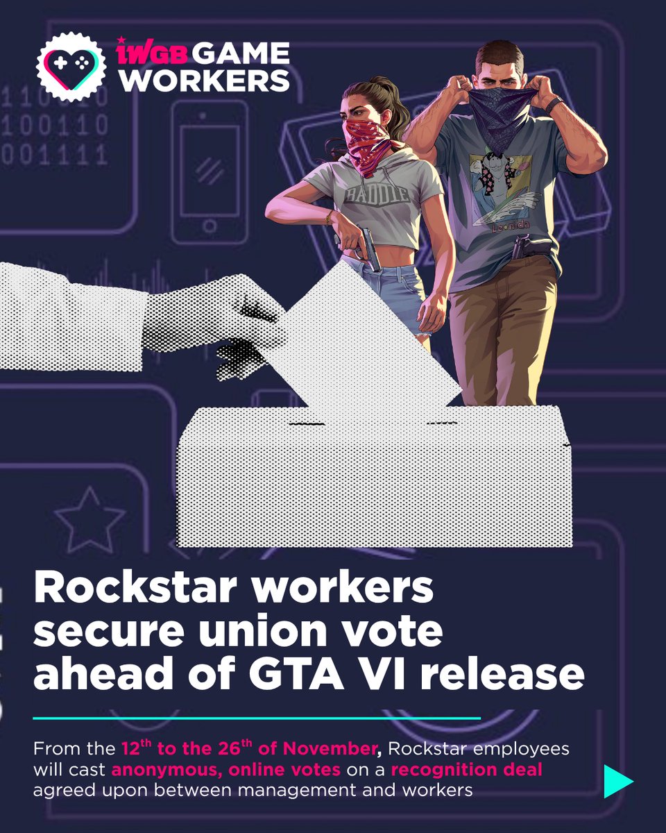 rsgworkersunion's tweet photo. We're proud to share that in a few weeks' time, Rockstar staff will get to have their own say over union recognition. From pay and pensions to parental leave and overtime, this recognition agreement is a chance for workers to be involved in  the decisions that shape their lives. https://t.co/Qi6A8xOLzu