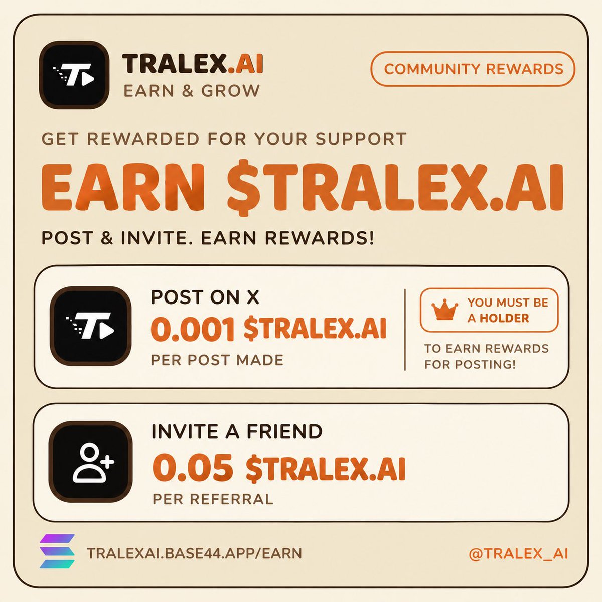 TRALEX_AI's tweet photo. 🔥 Earn $TRALEX.AI by supporting our community!

💰 0.001 $TRALEX.AI per post on X you must be a holder to qualify for post rewards!

🤝 0.05 $TRALEX.AI per referral invite new people and grow with us!

👉 Join the beta: https://t.co/GEVy1PQd4O https://t.co/nyfaSMRd32
