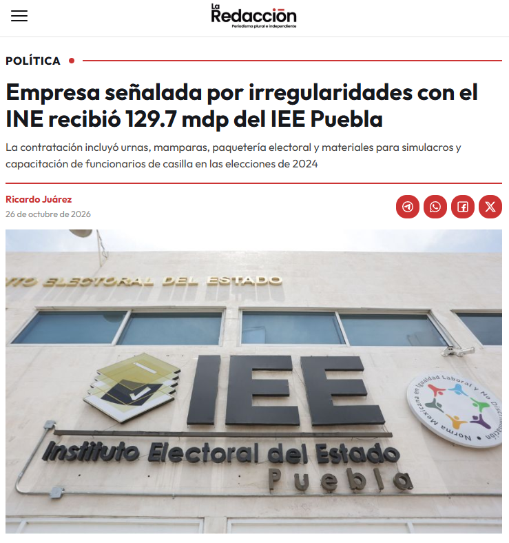 Juan_OrtizMX's tweet photo. 🗳️📌 NUEVA PRESIDENTA INTERINA DEL INE AVALÓ CONTRATO DE 129.7 MILLONES A EMPRESA SEÑALADA POR LA ASF

Vaya noticia la que acaba de compartir Ricardo Juárez, de La Redacción, sobre Blanca Yassahara Cruz García, próxima presidenta interina del INE.

Resulta que, mientras presidía el Instituto Electoral de Puebla, avaló un contrato por 129.7 millones de pesos con Comercializadora JVLY, una empresa que hoy está bajo señalamientos de la Auditoría Superior de la Federación (ASF).

El contrato fue firmado en marzo de 2024 para suministrar urnas, mamparas y materiales utilizados en las elecciones de Puebla, donde ganó la gubernatura Alejandro Armenta.

¿Y qué tiene de especial esa empresa?

También recibió contratos millonarios del INE durante la gestión de Guadalupe Taddei.

https://t.co/8uhmQyLGDN