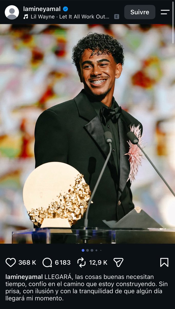 ActuFoot_'s tweet photo. 🚨🚨🚨 LAMINE YAMAL 🇪🇸 PREND LA PAROLE APRÈS LA CÉRÉMONIE DU #BallonDor 👇 :

« MON HEURE VIENDRA. Les bonnes choses prennent du temps, j’ai confiance dans le chemin que je suis en train de construire.

Sans précipitation, avec enthousiasme et avec la sérénité de savoir qu’UN JOUR, MON MOMENT VIENDRA.

Félicitations aux vainqueurs. Je me concentre à nouveau sur l’ESSENTIEL : FAIRE EN SORTE QUE LE FC BARCELONE GAGNE À NOUVEAU. » 🖤

📲 IG
