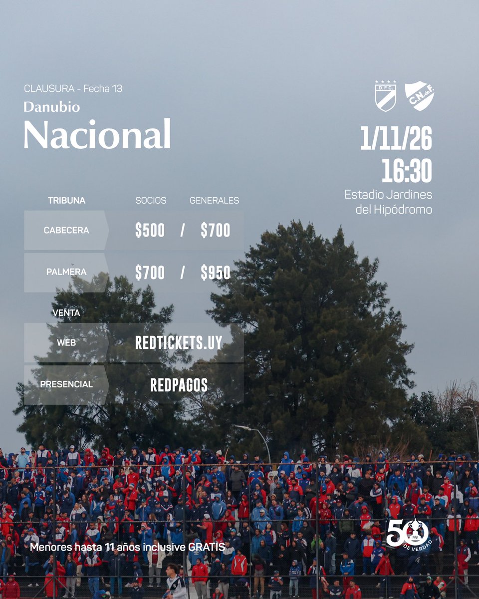 Nacional's tweet photo. 🎟️ 𝗘𝗡𝗧𝗥𝗔𝗗𝗔𝗦 🆚 𝗗𝗔𝗡𝗨𝗕𝗜𝗢

🏆 @LigaAUF 
⚽️ Torneo Clausura | Fecha 13

✅ Ya se encuentran habilitadas las entradas para el partido del domingo 1/11 en el Estadio Jardines del Hipódromo 🏟️

📲 Conseguí la tuya aca: https://t.co/nnZhcu1i7S https://t.co/3LORgl7xtQ