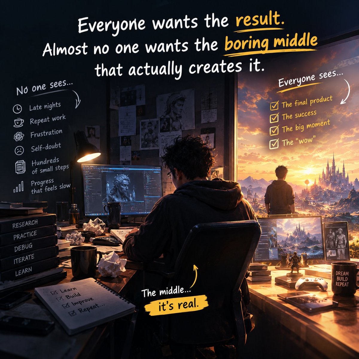ShushantoK's tweet photo. Everyone wants the result.
Almost no one wants the boring middle part that actually creates it. https://t.co/dgmm11a6TL