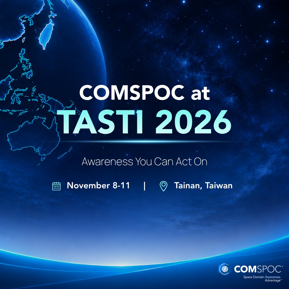 COMSPOC's tweet photo. COMSPOC will be at #TASTI2026! Join us Nov. 8-11 at ICC Tainan in Taiwan.

We’re pleased to sponsor this year’s Taiwan International Assembly of Space Science, Technology, and Industry.

Visit us at booth W142 to see how precise maneuver detection and characterization are essential to producing actionable insight.

Thank you to @TASA_Taiwan and Tainan City Government for organizing this year’s event.