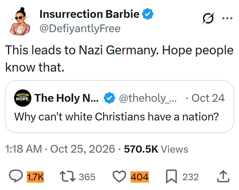 TooWhiteToTweet's tweet photo. This isn't a ratio, it's an absolute obliteration of million-follower Zioslop Barbie.

The whole "White people can't have countries because muh HitIer" bit has run its course.

White guilt just doesn't sell like it used to, sweetheart. https://t.co/fPwTXHPJ9a