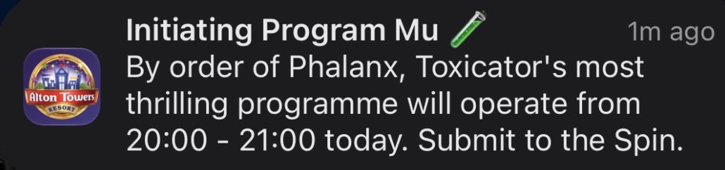 StarbaseStpSign's tweet photo. Good to see Program Mu running tonight from 8pm-9pm at #altontowers ! https://t.co/LFhfkVoo98