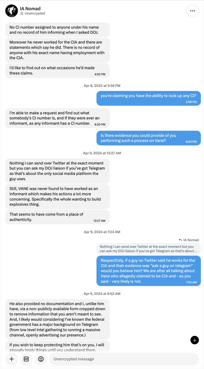 FordFischer's tweet photo. Online Canadian national Lakotah Salvini aka “Nomad” and another individual have reportedly been charged with attempting to impersonate CIA officials.

Mr. Salvini attempted this scheme on me in 2024, and I didn't buy it.

In April 2024, "Nomad" reached out to me about Russell "Duke" Vane IV (a militia member who had represented himself as working for the CIA and provided unwanted bomb making instructions to the group, covered in Episode 9 of Fall of the Boogaloo. Vane had in fact worked at the National Geospatial Intelligence Agency).

Nomad claimed to "have an actual background with the agency" and said the situation was "pissing me off" because Duke "never worked for us in his life," apparently falsely referencing the CIA as "us."

He claimed the ability to look up Confidential Informants and CIA employees, which I obviously disbelieved. He made the ridiculous claim that while sharing this information, any actual proof would be classified.

Frankly, at the time, I was wondering whether Nomad and Mr. Vane were collaborating somehow (which I do not believe was the case). This was part of my motivation to keep him talking.

He claimed that while he had no evidence of his claims, "you can ask my DOJ liaison if you’ve got Telegram."

"If a guy on Twitter said he works for the CIA and their evidence was 'ask a guy on telegram' would you believe him?" I questioned him.

Obviously, I didn't publish or believe any of the information he attempted to provide.