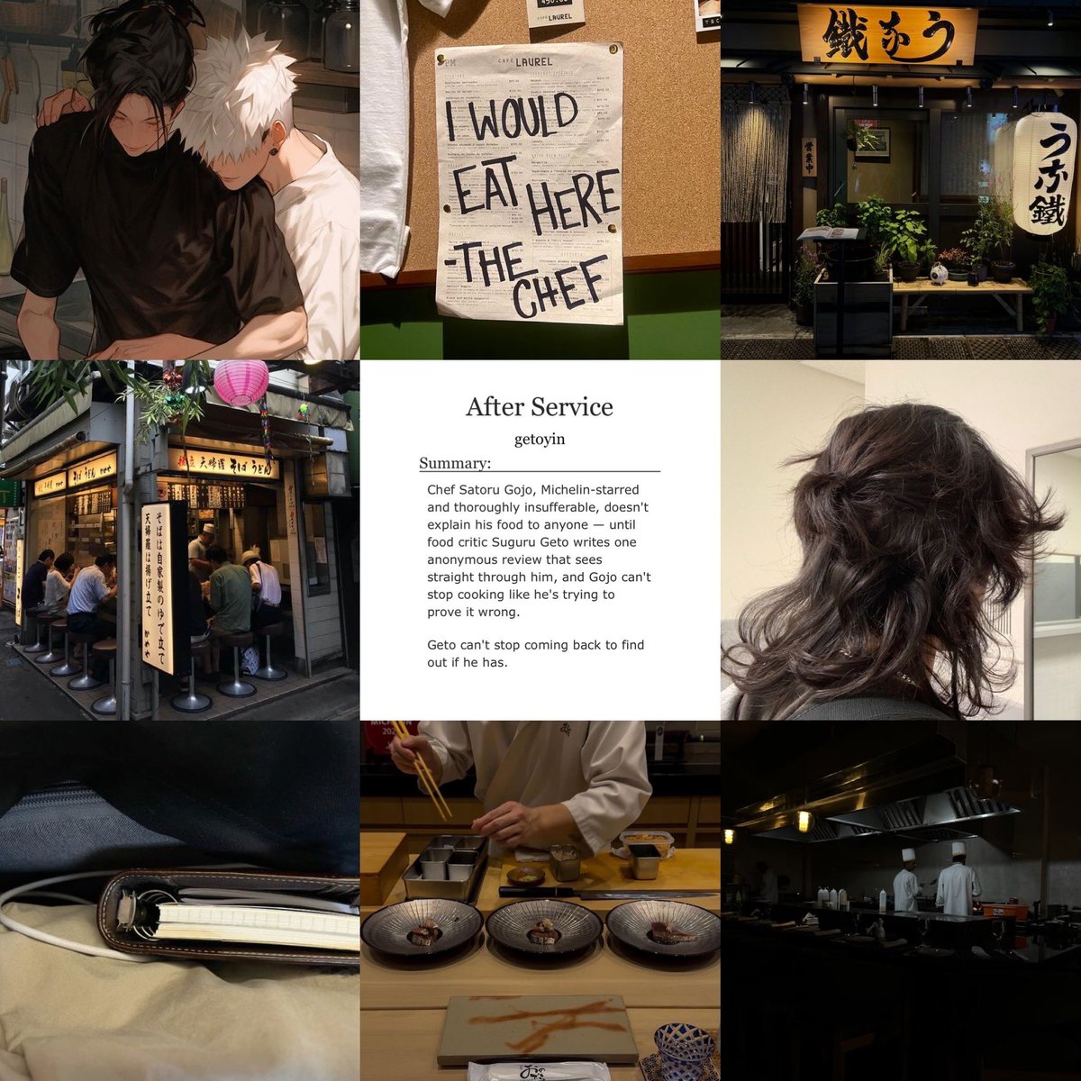 getoyin's tweet photo. — After Service (WIP) 𓅯 
140k words, 11 chapters so far
slowburn / gego
chef!gojo and critic!geto
gojo is a brat and geto is a brat tamer
posting updates weekly! ෆ https://t.co/RXpFvCTVtk